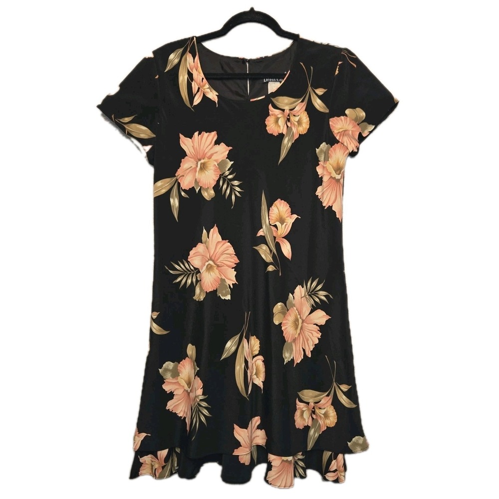 Vtg Hampton Dress Co. Black Pink Floral Sun Dress Layered Skirt Women's Size 12